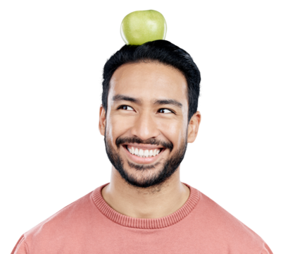 Man, smile and apple for thinking of nutrition by planning meals for health, wellness and wellbeing. Happy guy, organic fruit and vision of plant based food on isolated transparent png background