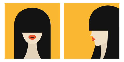 Portrait of brunette woman with long bangs hair set. Full-face, profile view. Avatar people icon for social networks. Cute cartoon character. Girl face, red lips. Flat design. Yellow background. - obrazy, fototapety, plakaty