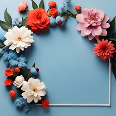 Flowers composition. Frame made of flowers on blue background. Flat lay, copy space
