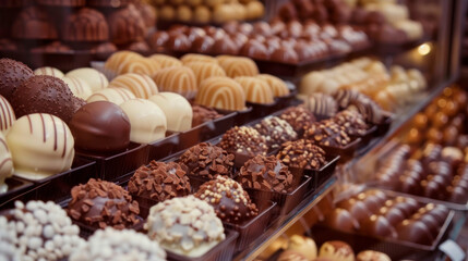 Fototapeta premium A shop window with sweets. A large assortment of chocolates of different shapes for gourmets. Close-up of white, milk and bitter chocolate.