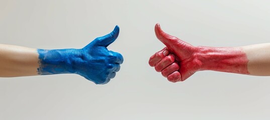 Political blue and red hands thumb up gesture. Symbolizes the America presidential election democracy choice. Generative AI technology. - obrazy, fototapety, plakaty
