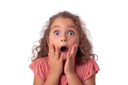 A young girl expresses surprise with wide eyes and hands on her cheeks on a transparent  background.