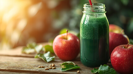 Bottle of spirulina smoothie and apples on the table . generative ai