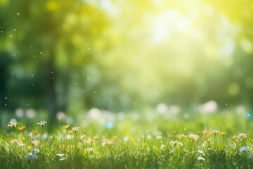 Sun-kissed meadow with a bokeh of wildflowers and trees in the soft-focus background. - obrazy, fototapety, plakaty