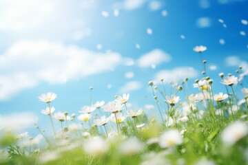 Idyllic scene of white daisies in a field under a clear blue sky with sun flares.