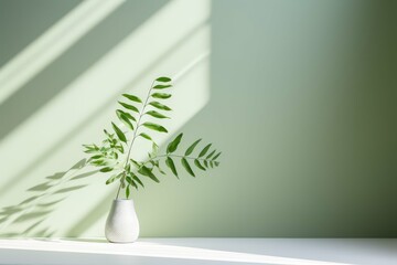 Elegant green indoor plant in a white vase with soft light creating a serene atmosphere.