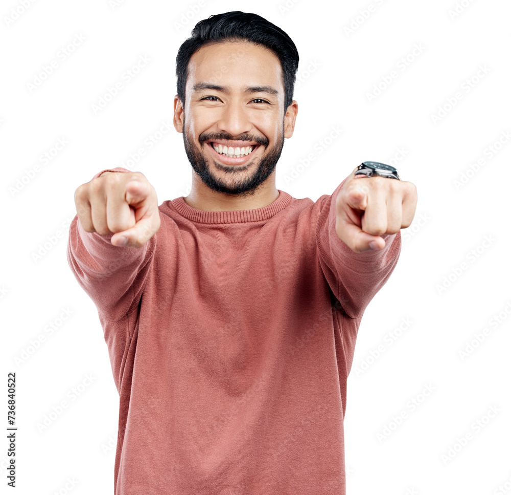Poster man, portrait and happy with pointing to you for opportunity, selection and motivation with support 