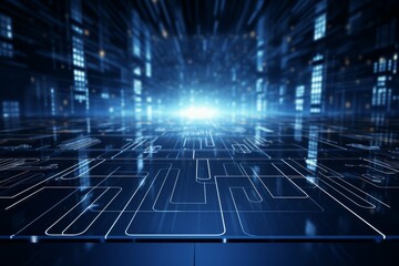 Fototapeta premium Futuristic grid lines on a blue technology background with a central light.