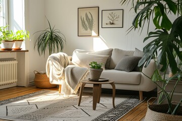 Warm sunlight filters through a cozy living room with plants and comfortable furniture.