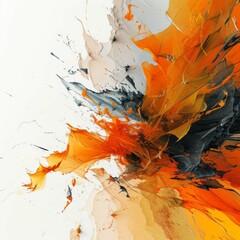 Dynamic abstract image with vibrant orange and black paint splashes on a white background.