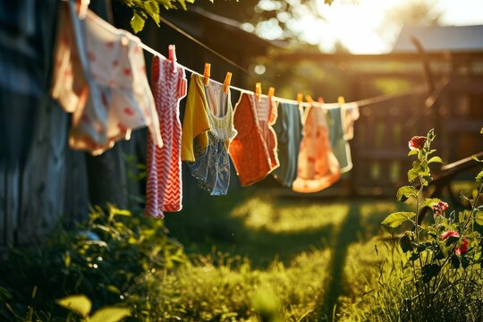Clothes hanging on a line with a warm sunset background in a backyard.