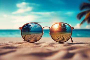 Fototapeta na wymiar A tropical beach paradise reflected in the lenses of sunglasses on sandy shore.