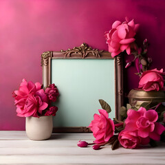 Photo frame with beautiful flowers on wooden table, on color wall background