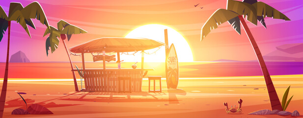 Tiki bar and surfboard on sea sand beach with palm trees on sunset. Cartoon sunrise summer ocean shore landscape with bamboo bungalow with thatch roof. Hawaiian cafe with cocktails and fruit drinks.