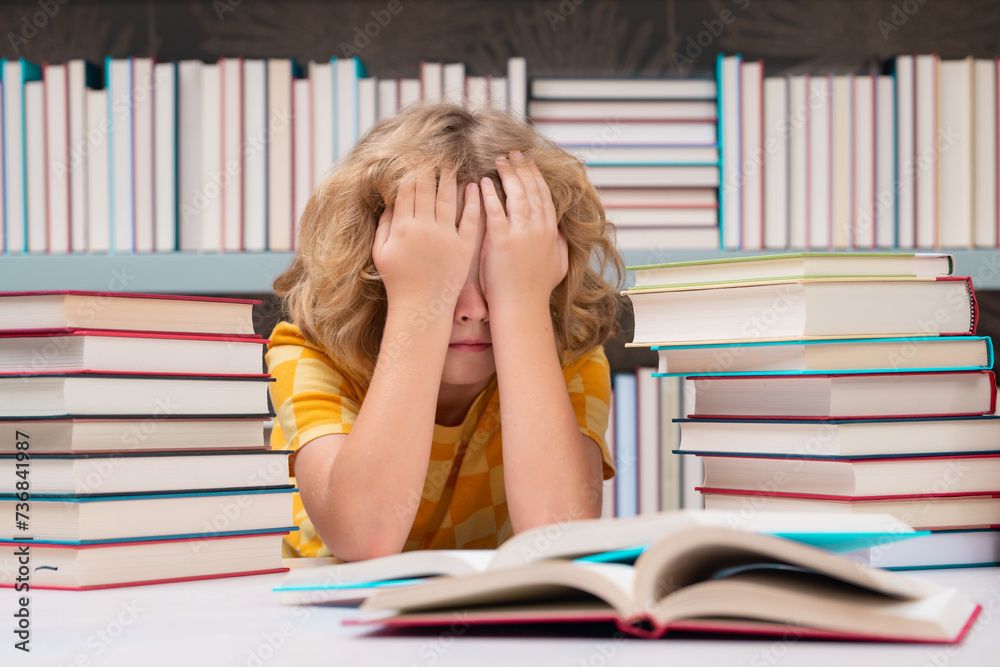 Aufkleber education concept. schoolboy reading book in library. kids development, learn to read. pupil reading