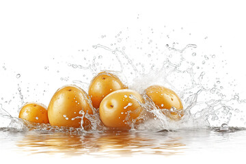 a group of potatoes in water splashed isolated on white background