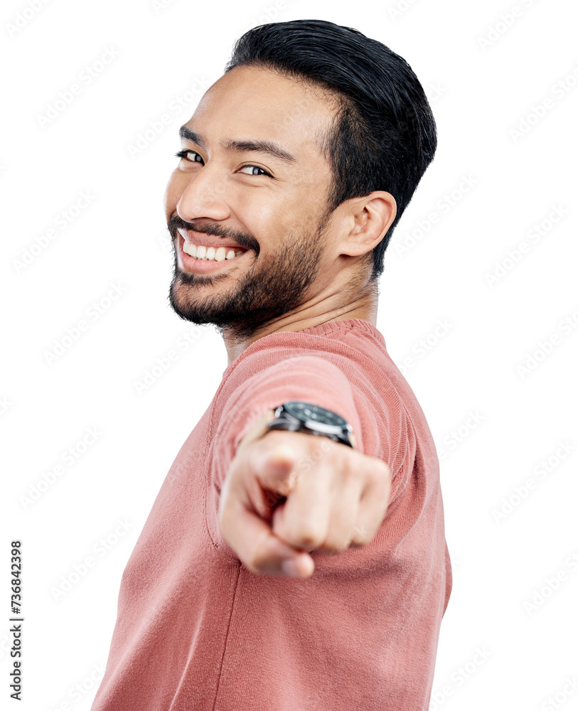 Poster Man, portrait and smile with pointing to you for selection, opportunity and motivation with support and choice. Winner, confident and person with hand gesture isolated on a png transparent background