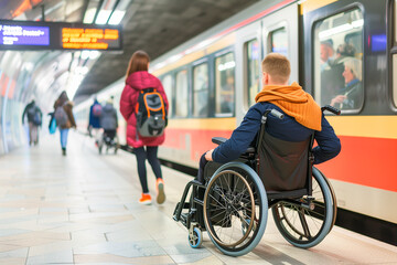 Young disabled people in a wheelchair waiting for the train to enter the station