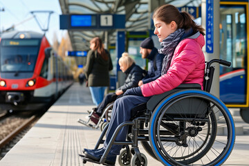Obraz na płótnie Canvas Young disabled people in a wheelchair waiting for the train to enter the station