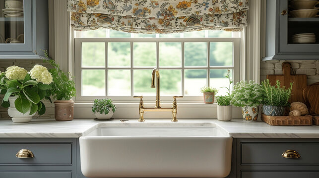 A vintageinspired bridge faucet in a polished br finish draws attention to an apron front sink in a charming cottage kitchen giving a charming nod to the past.