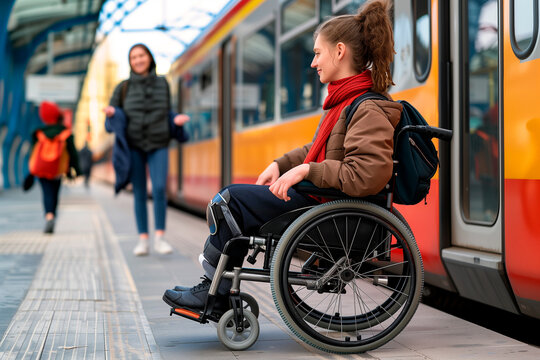 Young disabled people in a wheelchair waiting for the train to enter the station