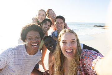 Diverse friends smile for a selfie on a sunny beach