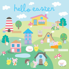 hello spring easter village festival in town cute rabbit and chick play eggs hunt easter holiday activity banner vector illustration