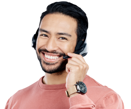 Smile, call center and portrait of man consultant with headphones and mic for online consultation. Happy, headset and Asian male agent with telemarketing career isolated by transparent png background