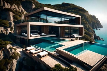 coastal villa perched on a cliff, offering panoramic views of the azure ocean, where the merging of architectural sophistication and breathtaking scenery creates a serene escape