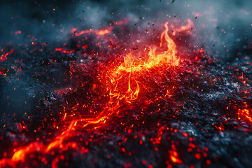 Fototapeta na wymiar Volcanic Fury: Fiery Lava Flowing from an Erupting Volcano at Night, A Dangerous Yet Beautiful Natural Phenomenon