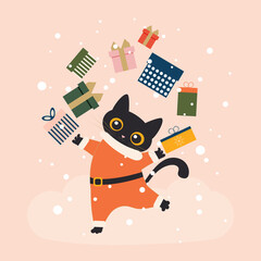 Black cute cat dressed as Santa Claus juggles with gift boxes and dances under the snowfall isolated on a light pink background. 