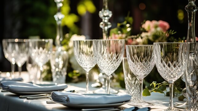 Sparkling_glassware_stands_on_long_table_prepared_for party ai  generative high quality image
