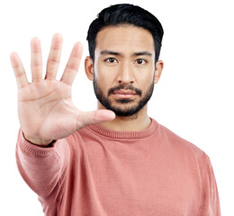 Man, hand and stop in portrait for security, warning or caution with gesture isolated on png...