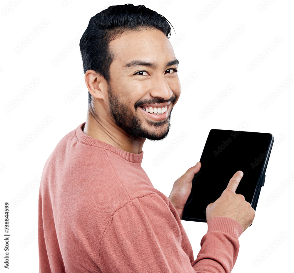 Poster portrait, smile and asian man with tablet for internet isolated on a transparent png background. fac
