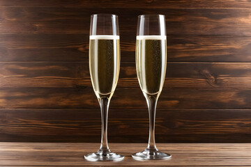 Two glasses of champagne on a simple wooden background, Valentine's Day, Christmas. Generative AI