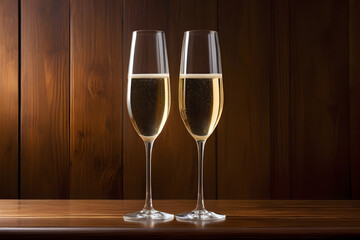 Two glasses of champagne on a simple wooden background, Valentine's Day, Christmas. Generative AI