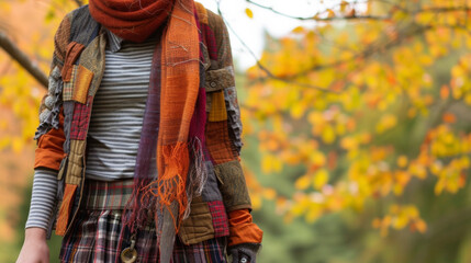 Patchwork Layers A patchwork jacket worn over a striped tshirt and plaid skirt topped off with a knit scarf and ankle boots. Perfect for a crisp autumn day wandering through
