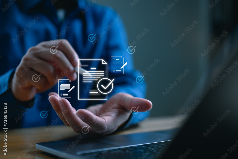 Poster Quality check, quality control, Data analysis of document AI artificial intelligence process with technology processor to planning business information data, tech, network corporate concept.