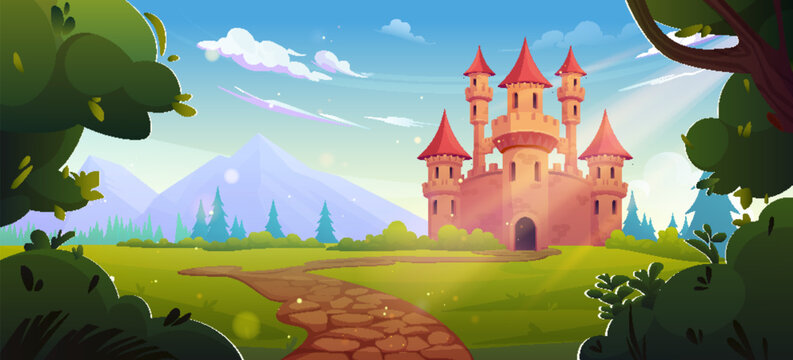 Medieval castle in green mountain valley. Vector cartoon illustration of magic fairytale kingdom, road from forest to old fortress with stone towers, gate and windows, clouds in summer sunny sky