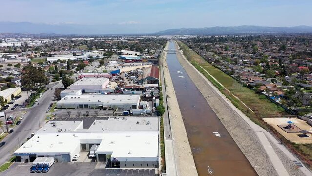 Aerial view of the Rio Hondo River as it flows through Downey and Bell Gardens, California, USA.