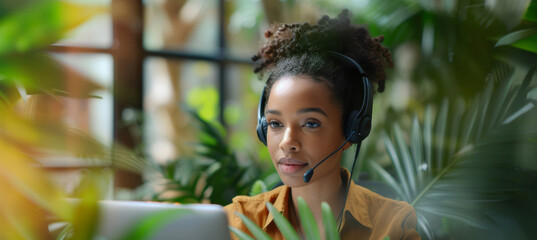 Portrait, call center and consulting with headphones for customer service or telemarketing. Woman, confident and consultant talking with headset for environmental sustainability and emergency support - obrazy, fototapety, plakaty