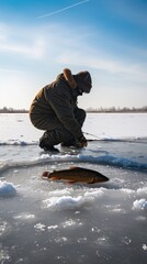 Fototapeta na wymiar Man fishing in winter 