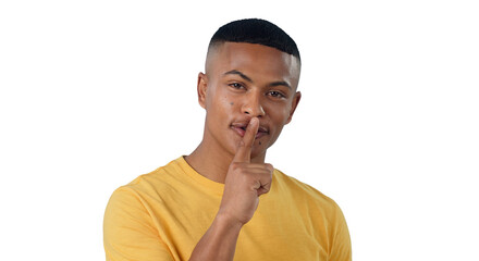 Secret, portrait and man with finger on the lips for mute sign on isolated, transparent or png...