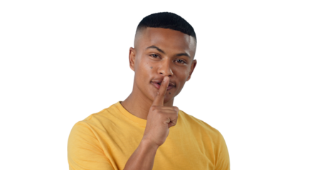 Secret, portrait and man with finger on the lips for mute sign on isolated, transparent or png background. Whisper, hands and model face with emoji privacy, confidential or word of mouth not allowed