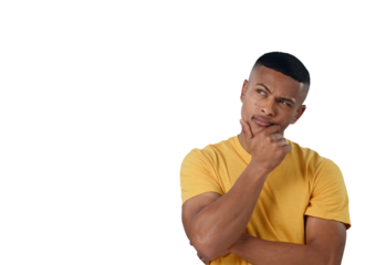 Man, confused and thinking of decision, idea or remember memory for question isolated on transparent png background. Choice, doubt and curious person with solution, problem solving or planning future