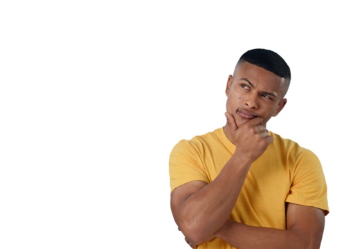 Man, confused and thinking of decision, idea or remember memory for question isolated on transparent png background. Choice, doubt and curious person with solution, problem solving or planning future