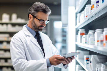 Naklejka na ściany i meble Pharmacist Using Digital Tablet to Manage Inventory in Modern Pharmacy. Healthcare Technology and Pharmaceutical Services Concept
