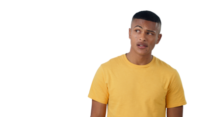 Man, doubt and thinking of decision, idea or remember memory for question isolated on transparent png background. Confused, choice and curious person with solution, problem solving or planning future