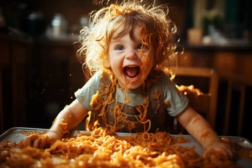 Deurstickers Cute little kid boy eating spaghetti bolognese or pasta macaroni bolognese at home. Happy child eating fresh cooked healthy meal with noodles. Generative Ai. © Peachaya