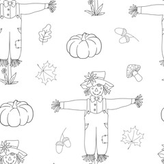 Hand drawn vector monochrome seamless pattern with pumpkin, acorn and scarecrow. Outline fall backdrop.